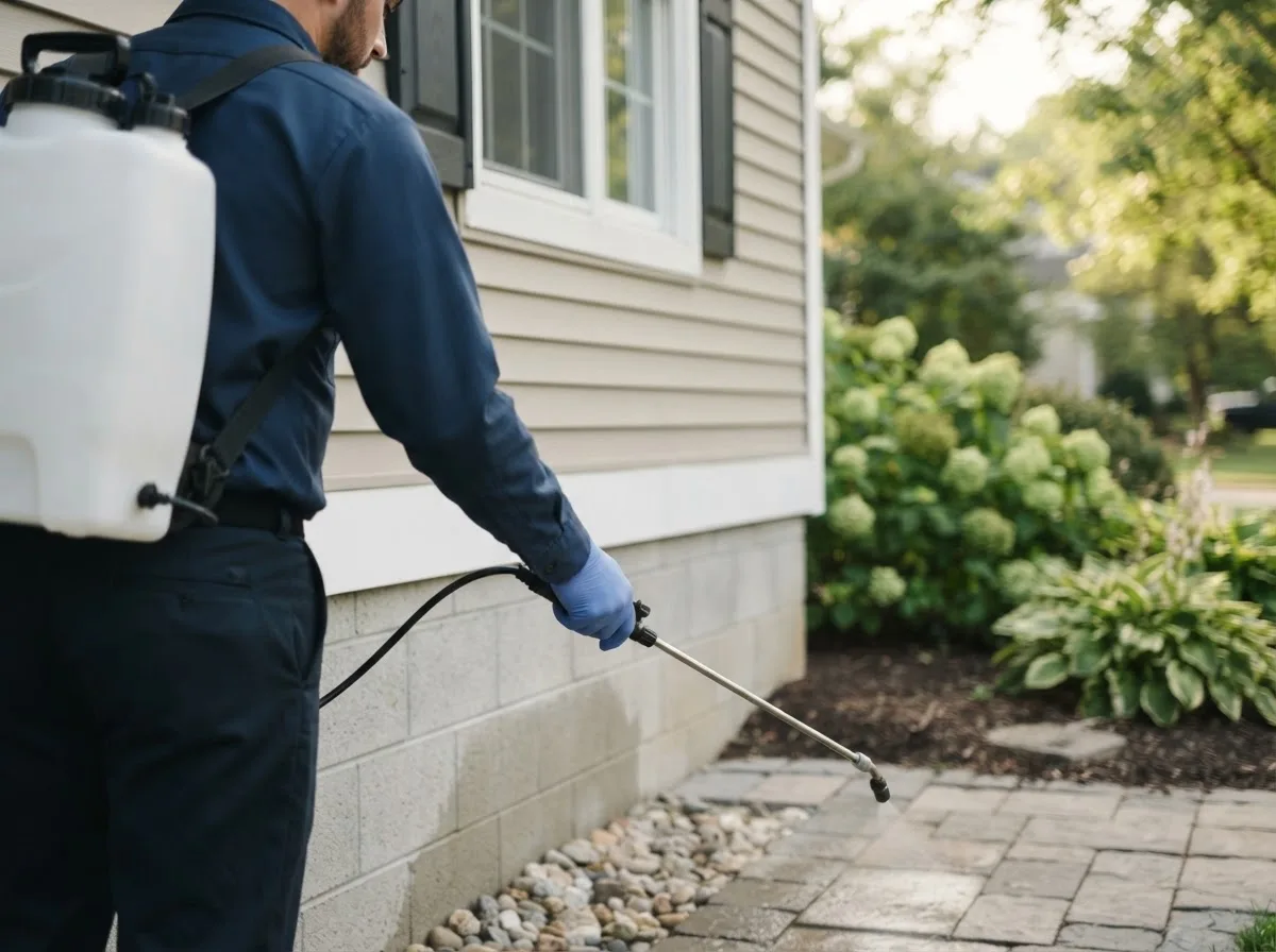 Pest control technician inspecting a home in Brilliant, OH